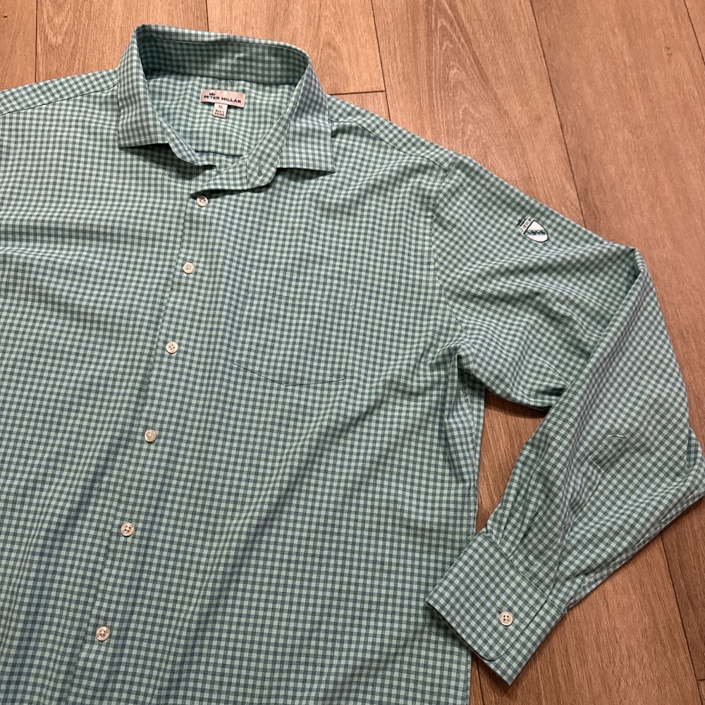 Peter Millar Mens XL Green Gingham Button Down Shirt SCCC 1916 Crest Long Sleeve